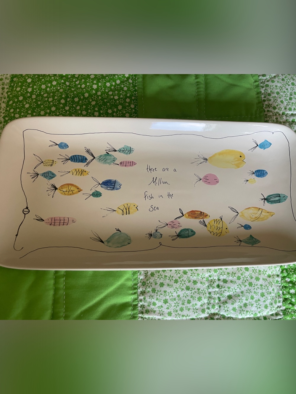 Creative Co-Op Rectangle Stoneware Plate with Fish Images